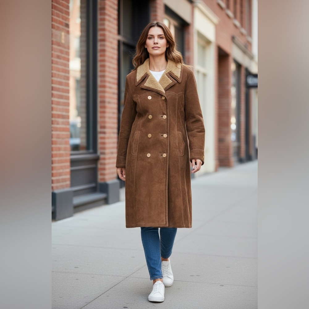 Vintage‎ 70s Shearling California Spring Lamb Coat Double Breasted Sheepskin Tan